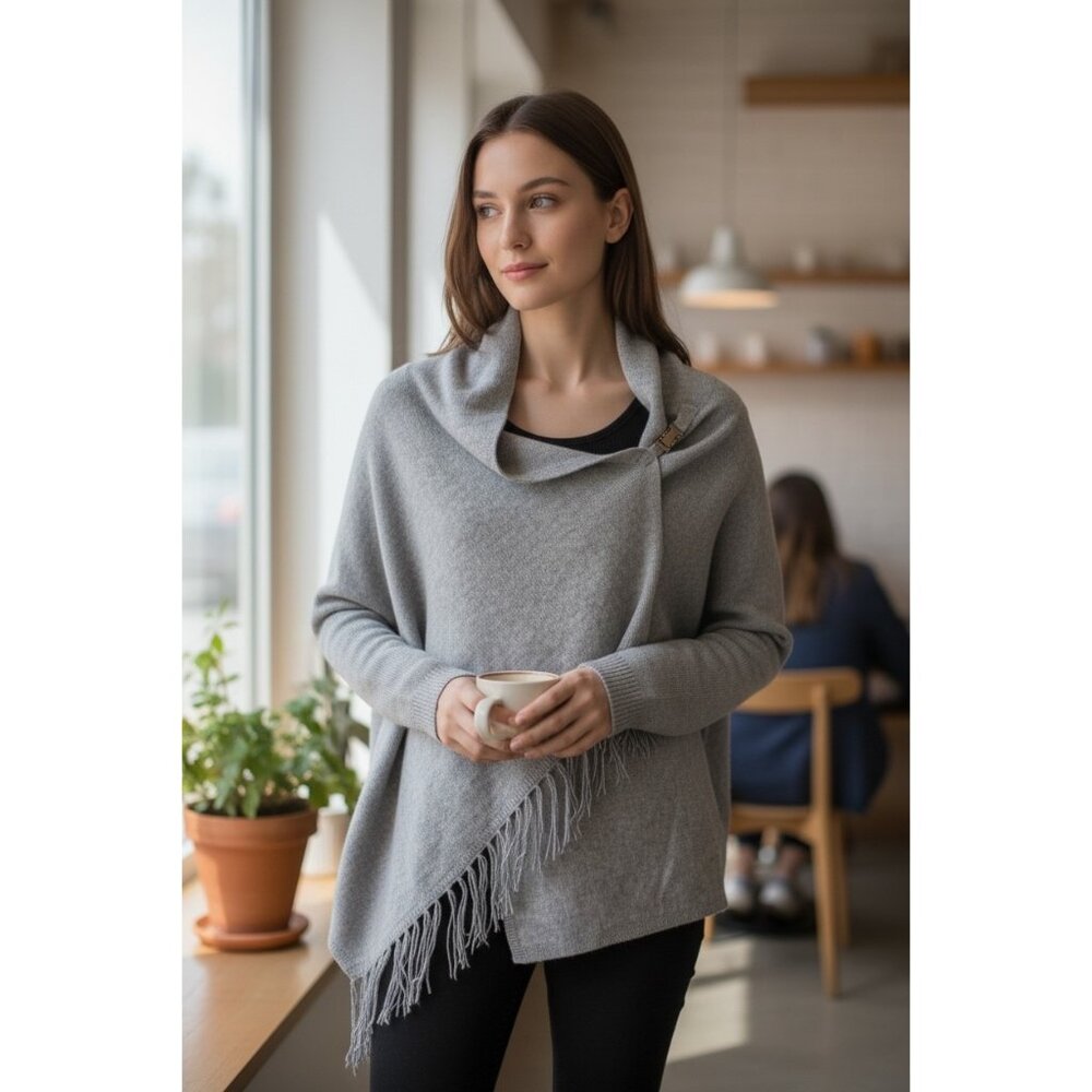 NWT S. Oliver Gray 100% Cashmere Wrap Cardigan Fringe Asymmetrical Cozy Chic 8